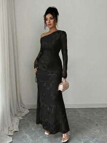 Rafferiza Đầm dài tay màu trơn dành cho nữ, phối lưới jacquard, cổ áo bất đối xứng và xẻ tà. - màu đen - Xem 8