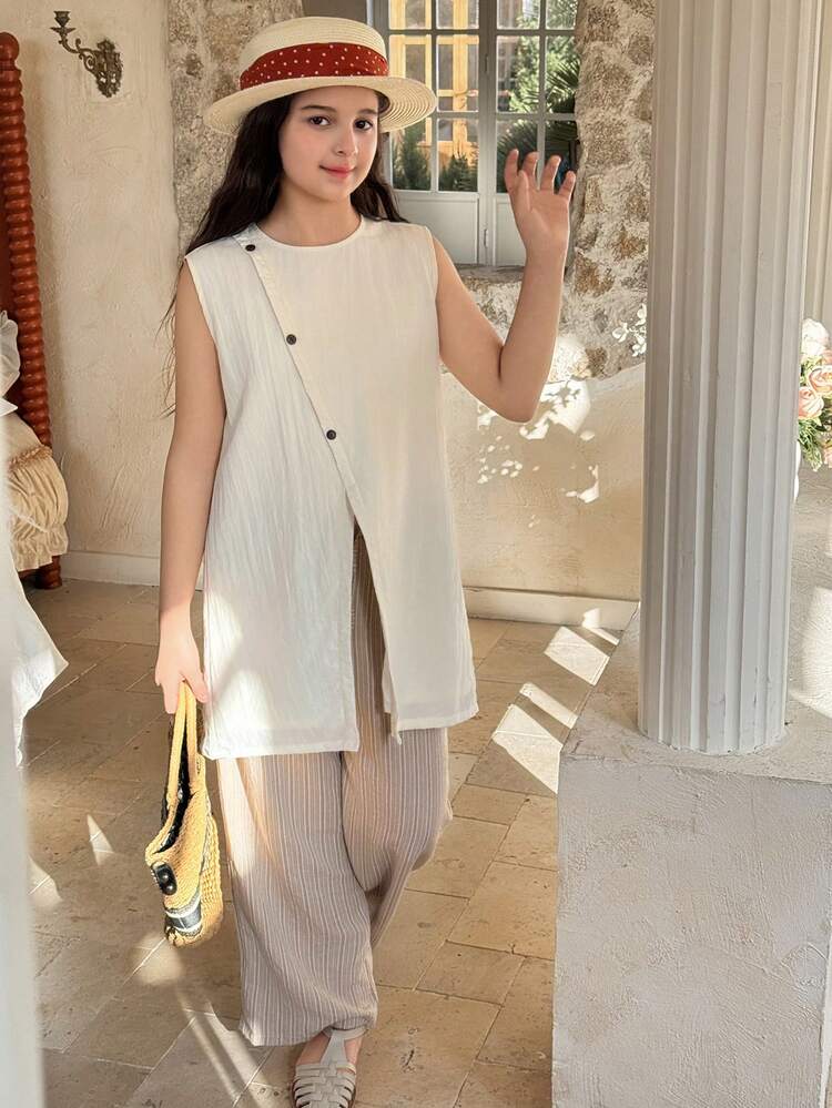 Tween Girl Solid Color Round Neck Button Design Split Hem Sleeveless Shirt And Wide Leg Pants Casual Suit Summer