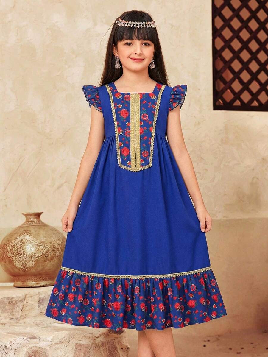 Tween Girls Elegant Blue Floral Summer Dress,Comfortable Patchwork Color Block Party Wear,Casual Vacation Festivals Spring Style For Kids - Multicolor - View 1