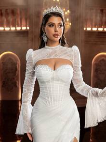 Glamrae Elegant Romantic Full Lace Strapless Neckline Luxurious Hand-Sewn Beaded Fishbone Trim Waist Slimming Ruched Side High Slit Fishtail Extra Long Train (Comes With Detachable Sheer Long Sleeve Shawl) Wedding Gown For Bridal, Beach Wedding, Garden Wedding, Church Wedding - White - View 3