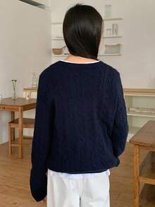 DAZY Teen GirlLoose Casual Basic Crew Neck Sweater With Embroidery Pattern, Autumn - Navy Blue - View 6