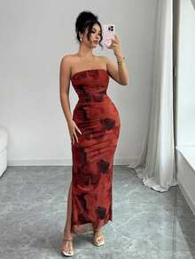 Rafferiza Đầm dự tiệc không dây vai, xẻ tà, chất liệu lưới, xếp ly, in họa tiết tie-dye thanh lịch dành cho nữ. - Đỏ - Xem 6