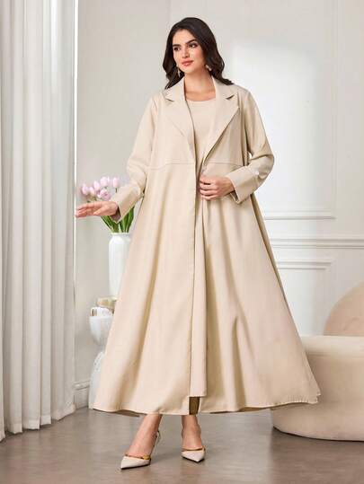 Al Najma Women's Fashionable Apricot Color Suit Collar Striped Patchwork Back Slit Unique Long Arabic Abaya For Commuting Open Abaya For Women