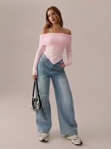 SHEIN SXY Pink Top; Asymmetrical Pleated Solid Pink Long-Sleeved T-Shirt, Autumn/Spring Style; Women's Knitted Off-Shoulder Slim-Fit T-Shirt; Suitable For Dates; Everyday Wear; Valentine's Day Top. - Pink - View 7