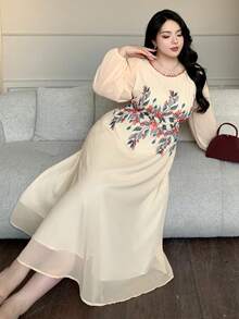 Dazy Plus Đầm voan tay phồng dáng rộng, màu mơ, in hoa thanh lịch, thích hợp cho các buổi hẹn hò và kỳ nghỉ, kiểu dáng mùa hè. - Màu be - Xem 15
