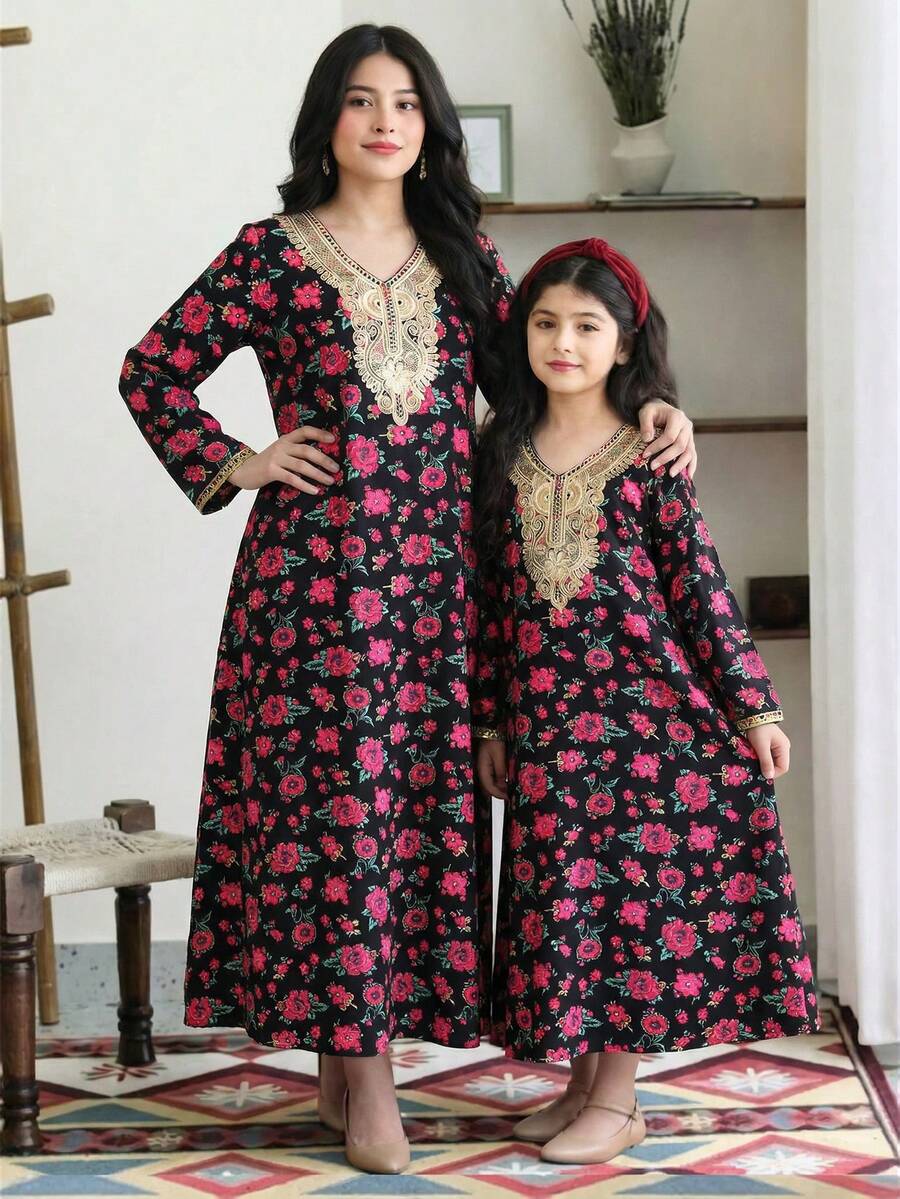 Đầm Abaya dài tay cổ chữ V họa tiết hoa, dáng rộng, tối giản, thoải mái cho bé gái tuổi teen. - Nhiều màu - Xem 1