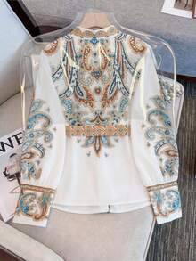 GlowEve 女士宽松腰带设计彩色数码印花翻领长袖休闲衬衫，适合正式场合、派对、旅行、春夏穿着。 - 彩色 - 查看 2