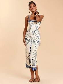 Travachic Vestido de tirantes sin espalda con estampado tropical para vacaciones - Azul y blanco - Ver 6