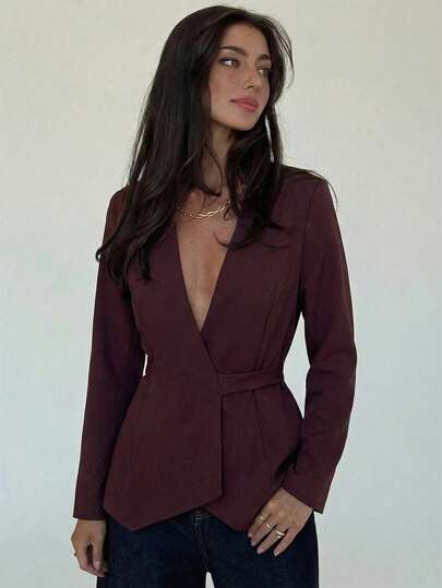 Aloruh Women's Fashionable Solid Color Deep V Neck Blazer In Fall/Winter