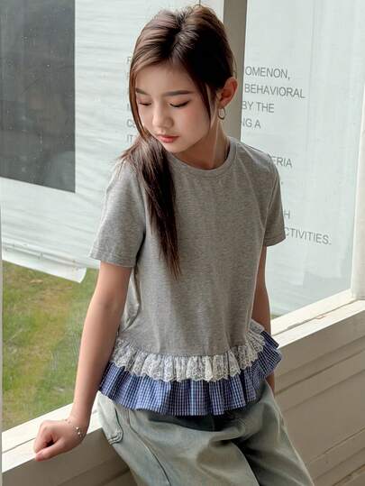 DAZY 少女圆领短袖格子拼接荷叶边下摆宽松休闲T恤