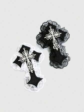 Anime 2 Pieces Dark Punk Cross Hair Clips, Gothic Lace Headpiece Y2K Spicy Girl Dark Subculture Hair Accessory