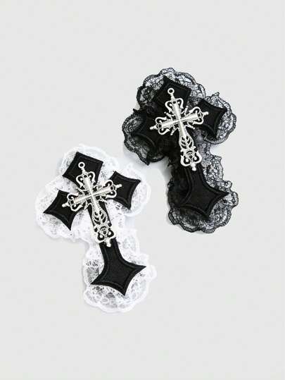 Anime 2 Pieces Dark Punk Cross Hair Clips, Gothic Lace Headpiece Y2K Spicy Girl Dark Subculture Hair Accessory