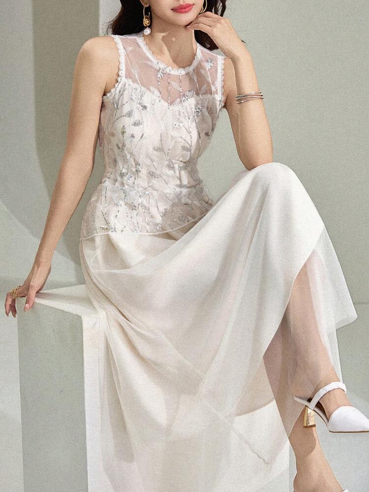 Women's Elegant Sequin Floral Mesh Sleeveless Waist Cinched Dress, Summer Sundress