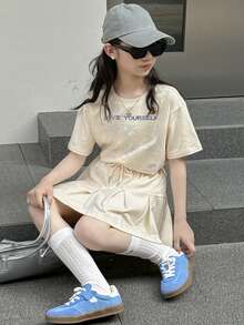 Dazy Kids Tween Girl Slogan Bow Print Round Neck Short Sleeve Casual T-Shirt And Pleated Mini Skirt Set - Apricot - View 7