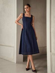 Selenza Women's Casual Washed U-Neck Sleeveless Denim Dress - Dark Wash - View 4