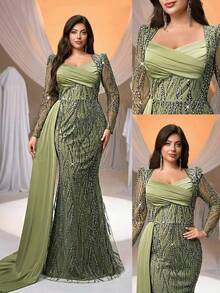 Glamrae Plus Size Sage Green Elegant Spring Wedding Dress, Asymmetric Neckline Sequin & Mesh Mermaid Evening Gown With Side Drape For Party Events - Green - View 8