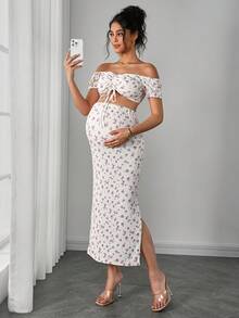 Bộ đồ bầu 2 món gồm áo và chân váy xếp ly thắt eo in họa tiết, kiểu dáng ôm sát. - Nhiều màu - Xem 5