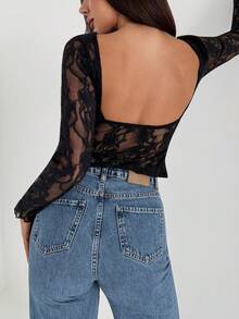 Aloruh Women's Backless Lace Patchwork Sexy Fashion T-Shirt - Black - View 5