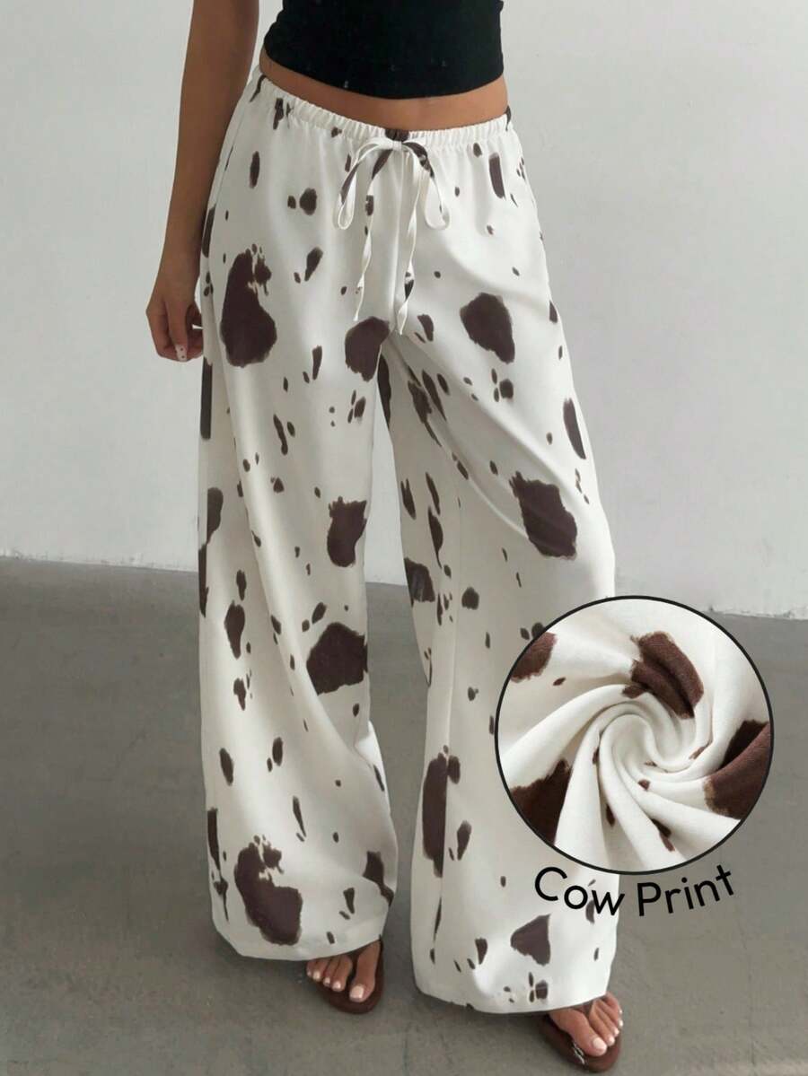 Aloruh 女士新款奶牛纹低腰阔腿裤，Y2K街头风奶牛纹长裤，奶牛纹波西米亚风夏季阔腿裤