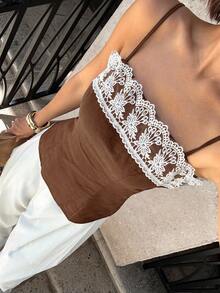 Siren Gaze 2025 Women's Spring/Summer New Design Lace Trim Camisole Top, Unique Minimalist Short Cropped Camisole Milkmaid Top Brown Top Lace Top Brown Lace Top Lace Cami Lace Trim Top Milkmaid Style Top Lace Cami Top Brown Camisole - Coffee Brown - View 6