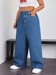 SHEIN ICON Plus Size Solid Color Casual Jeans - Medium Wash - View 3