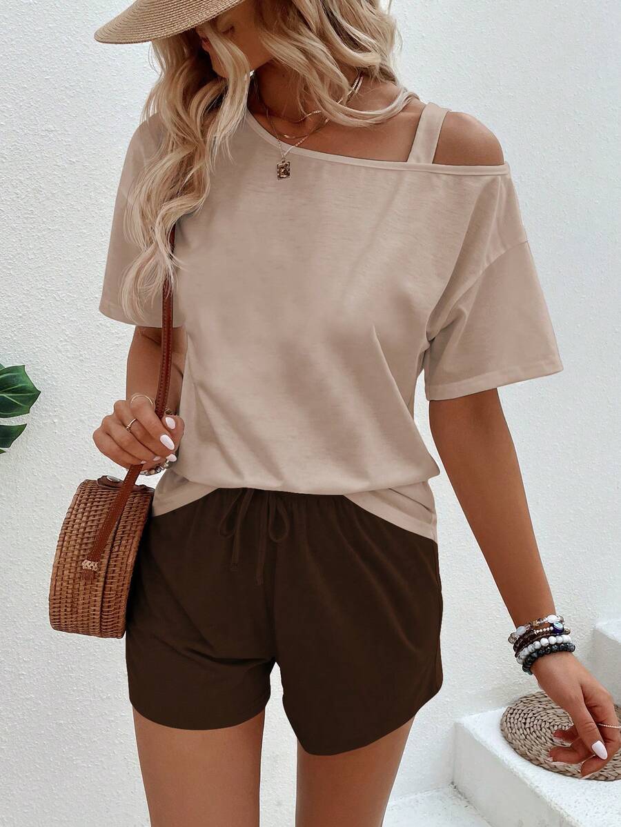 EMERY ROSE Women's Spring/Summer New Oblique Shoulder Pullover Top And Contrasting Color Shorts 2 Pieces Set, Casual And Versatile - Multicolor - View 1