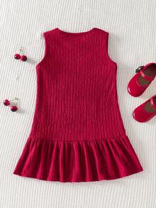 女童无袖罩衫连衣裙，酒红色樱桃图案，圆领荷叶边下摆，拼接设计，可爱女童樱桃连衣裙，酒红色连衣裙 - 酒紅色 - 查看 2