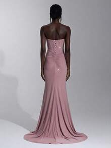 Elitara 优雅的粉色重工装饰不对称无肩带收腰透视美人鱼长裙，高开衩设计，适合约会、度假、生日、毕业典礼、婚礼、正式场合等各种场合。 - 淺粉色 - 查看 2