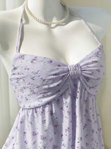 Elamini Yellow Ditsy Floral Hollow V-Neck Sexy Backless Camisole Top, Sweet & Charming, Spring/Summer - Purple - View 4
