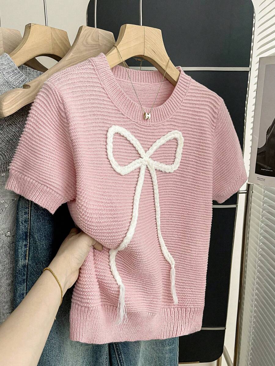 Resyla New Sweet Cute Pink Casual Bow Knit Pullover Sweater For Women, Spring/Summer - Pink - View 1