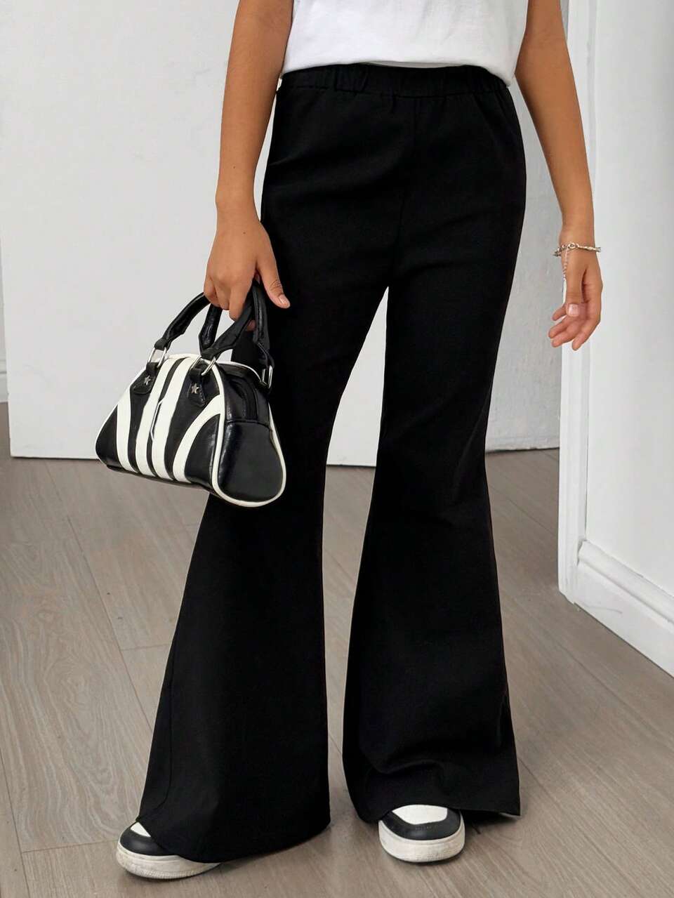Tween Girl Solid Color Patchwork Pleated A-Line Skirt With Flared 2 In 1 Pants