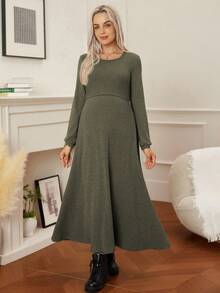 Cheriluna Maternity Maternity Solid Color Round Neck Nursing Function Casual Daily Wear Long Sleeve Dress - Army Green - View 4