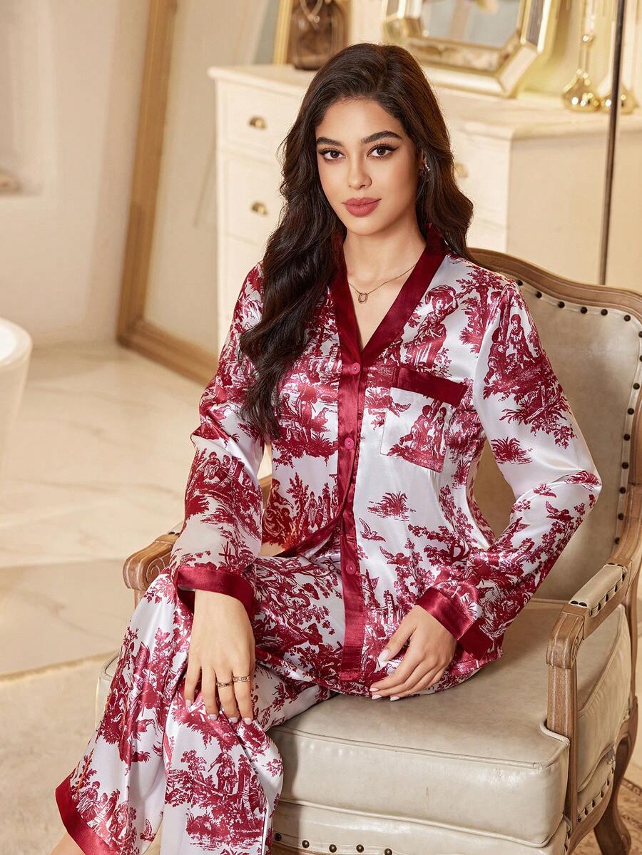 LuxeNights 女士优雅复古蓝色墨色罗纹口袋长袖长裤睡衣套装，秋冬款 - 紅白色 - 查看 1