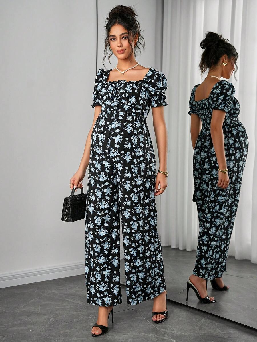 Momance Elegant Puff Sleeve Design Printed Maternity Jumpsuit - Multicolor - View 1