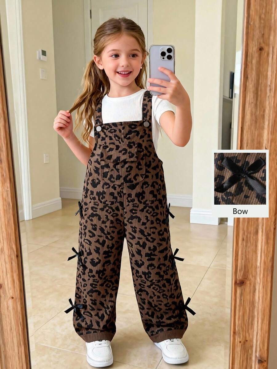SHEIN ChillGRL Young Girls Casual Style Young Girl' Bib Pants, Coffee Brown With Black Bow Decor, Loose Straight Leg, Soft & Comfortable Fabric, Versatile For Daily, School, Commute, Spring/Summer/Autumn/Winter - Coffee Brown - View 1