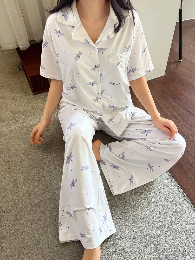 Women's Dragonfly Polka Dot Print Pajama Set