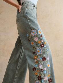 Anewsta Quần jeans nữ ống đứng màu xanh dương thêu hoa lãng mạn, thời trang cho mùa xuân/hè, phù hợp cho tiệc Valentine và kỳ nghỉ. - Màu xanh lam - Xem 4
