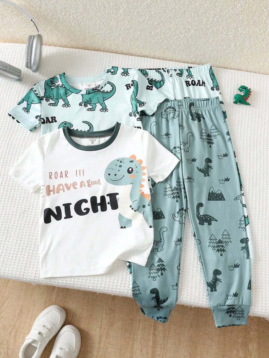 SHEIN 4pcs/Set Young Boy Dinosaur & Space Graphic Casual Minimalist Snug Fit Short Sleeve Top And Pants Pajama Set, Suitable For All Seasons,Toddler Boy Clothes,Toddler Night Wear Kids Boy Pjs Set Boy Pajamas Set Sleep Wear Set - Green - View 1