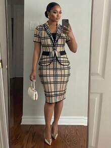 SHEIN Lady CURVE 大码女士时尚优雅印花单扣西装套装 - 彩色 - 查看 6