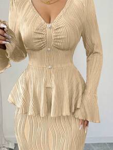 SHEIN Elenzya Women's V-Neck Ruffle Hem Flare Sleeve Top And Fish Tail Skirt Elegant Party Outfit - Apricot - View 7