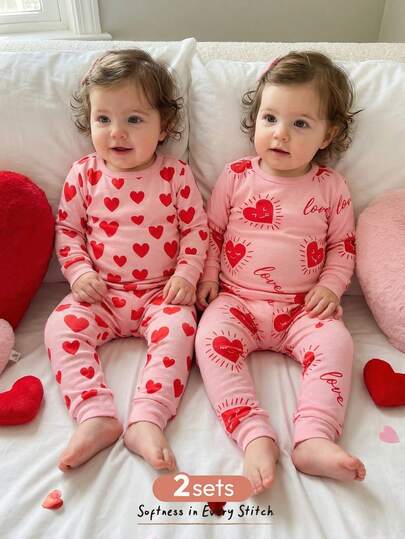 Cozy Pixies Bộ đồ ngủ 4 món cho bé gái, áo len cổ tròn tay dài mềm mại họa tiết trái tim hoạt hình & quần dài cạp chun, đồ ngủ liền thân ấm áp, thích hợp cho mùa đông, ngày lễ tình nhân