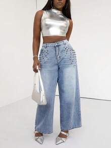 Slaydiva Jeans de pierna ancha de talla grande con lavado casual y decoración de remaches para primavera/verano - Azul - Ver 4