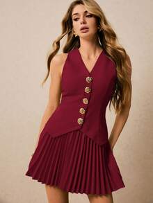Poéselle Women's Metal Flower Single-Breasted Vest And Pleated Mini Skirt Fashion 2 Pieces Set - Burgundy - View 4