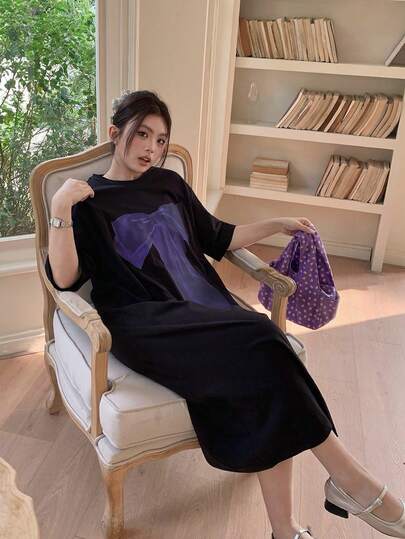 Dazy Plus Bowknot & Floral Print Round Neck Short Sleeve T-Shirt Style Casual Long Knit Dress For Girls, Spring/Summer