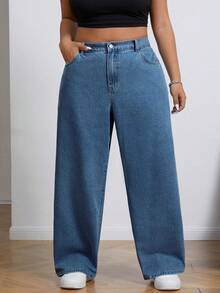 SHEIN ICON Quần jeans ống đứng dáng rộng, thoải mái, đa năng, cạp chun co giãn, cỡ lớn. - Rửa nhẹ - Xem 2