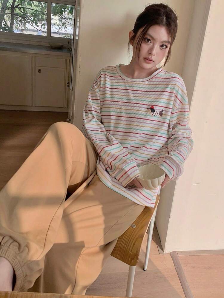 Dazy Plus Cute Cartoon Print Striped Round Neck Top And Lantern Pants Casual Pajama Set For Girls