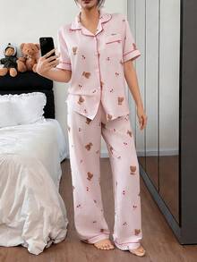 Napfluff Bubble Wrinkle Teddy Bear & Cherry Print Short Sleeve Pajama Set - Pink - View 1