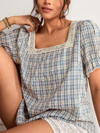 Freevana Plus Size Plaid Print Lace Patchwork Square Collar Short Sleeve Shirt