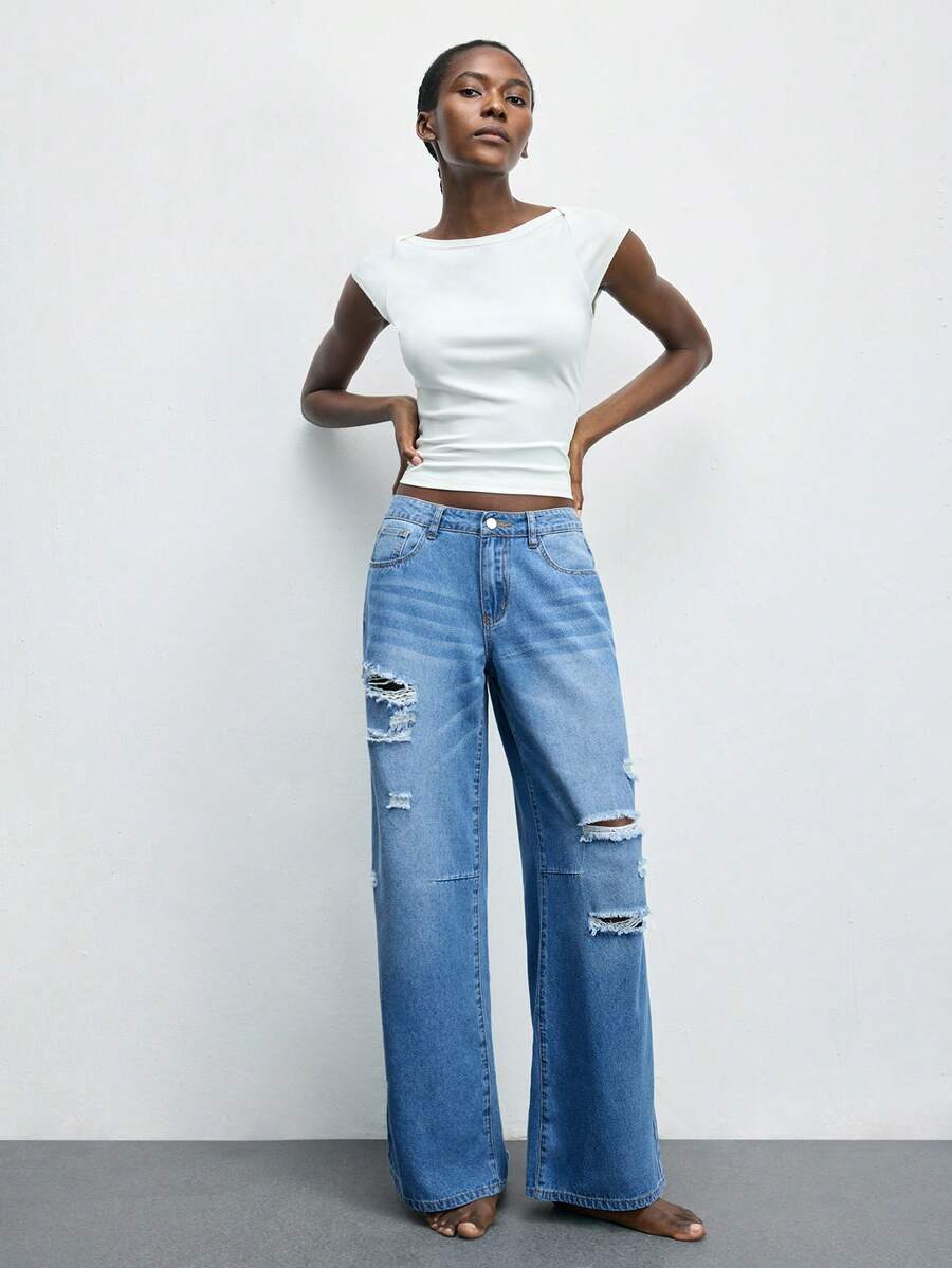 Maija Women's Casual Fashion Street Chic Daily Commute Distressed Loose Wide-Leg Jeans - Medium Wash - View 1