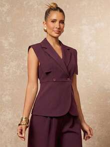 Lumalex 春夏聚会宴会低调奢华复古闪亮假日派对狂欢节郊游度假户外盛宴婚礼季宴会成人礼勃艮第酒红色翻领设计宽肩收腰直筒西装裤，女士套装搭配无袖马甲奢华新年新造型静谧奢华舞会聚会宴会低调奢华复古闪亮假日派对狂欢节郊游度假户外盛宴婚礼情人节礼物 - 中紫紅色 - 查看 1